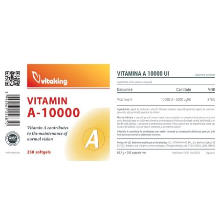 Vitamina A, 10000 UI, 250 capsule, Vitaking 709863