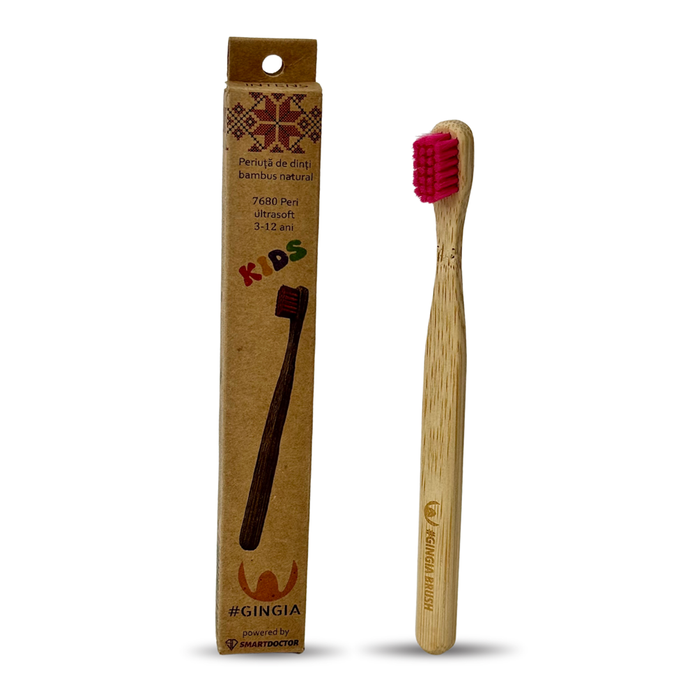 Periuta roz intens de dinti din bambus 3-12 ani Kids, 7680 peri ultrasoft, 1 bucata, Gingia