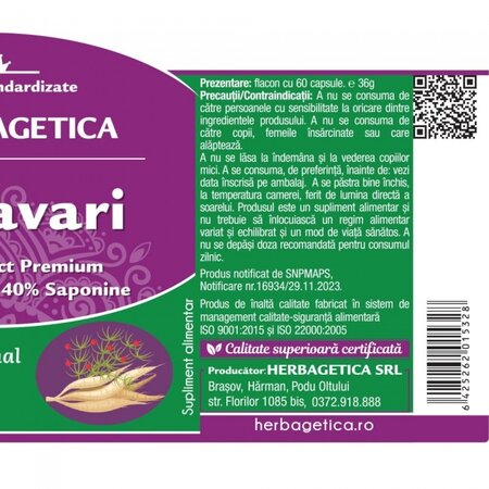 Shatavari, 60 capsule vegetale, Herbagetica 613391