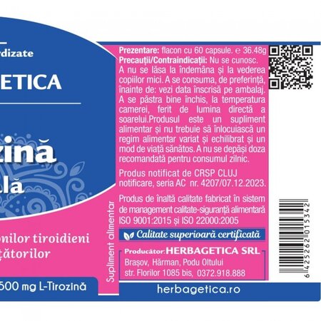 L-Tirozina Naturala, 60 capsule, Herbagetica 613397