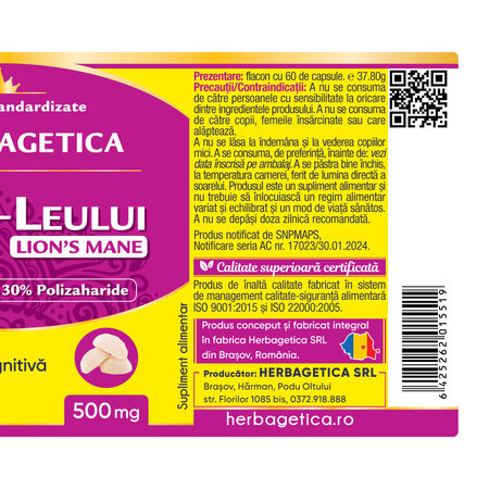 Coama Leului, 60 capsule, Herbagetica 688767