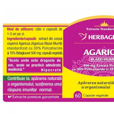 Agaricus, 60 capsule vegetale, Herbagetica 613412