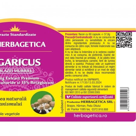 Agaricus, 60 capsule vegetale, Herbagetica 613413
