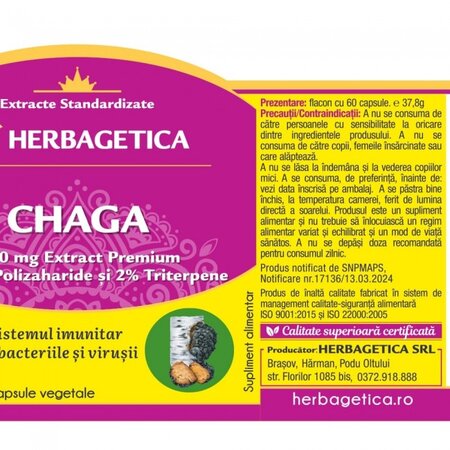 Chaga, 60 capsule vegetale, Herbagetica 613418