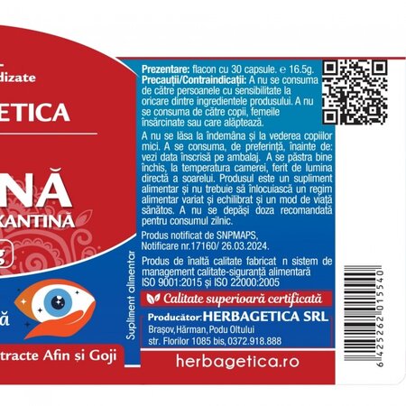 Super Luteina Zeaxantina, 48mg, 30 capsule vegetale, Herbagetica 613425