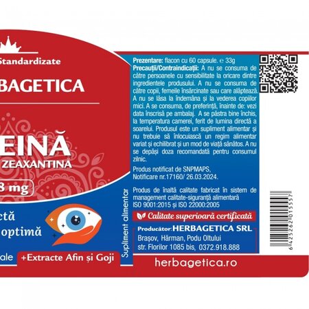 Super Luteina Zeaxantina, 48mg, 60 capsule vegetale, Herbagetica 613436