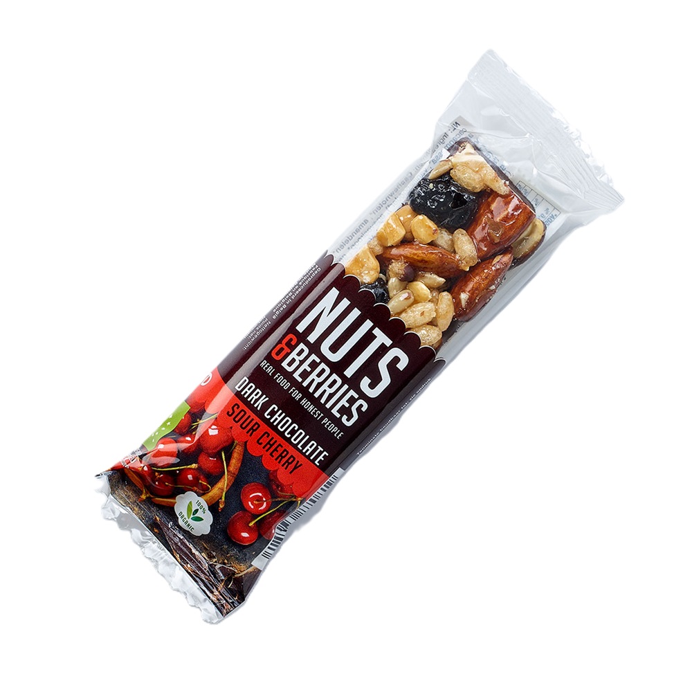 Baton crocant Bio cu nuci, ciocolata neagra si cirese amare Sour Cherry, 40 g, Nuts & Berries