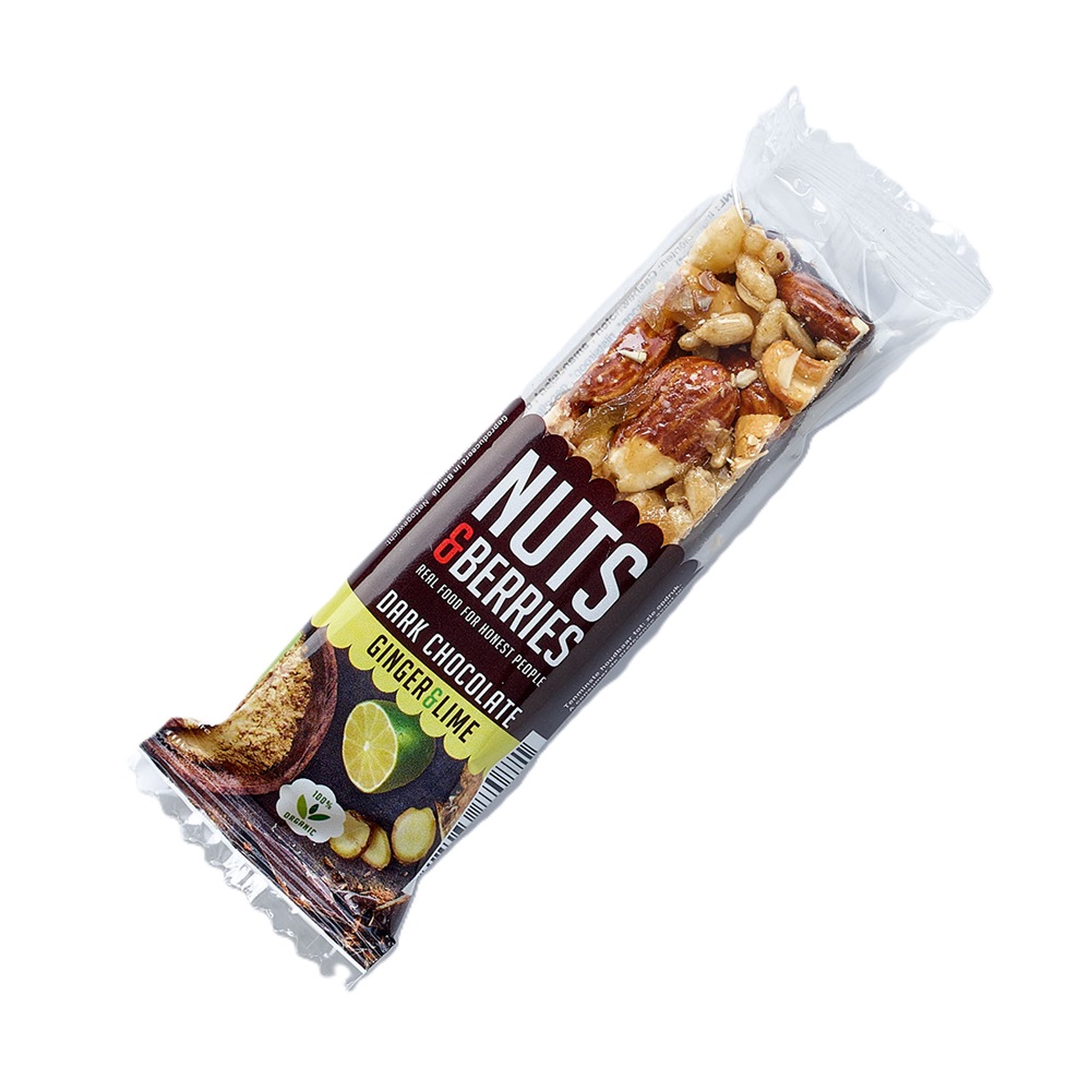 Baton crocant Bio cu nuci, ciocolata neagra, ghimbir si lime Ginger & Lime, 40 g, Nuts & Berries