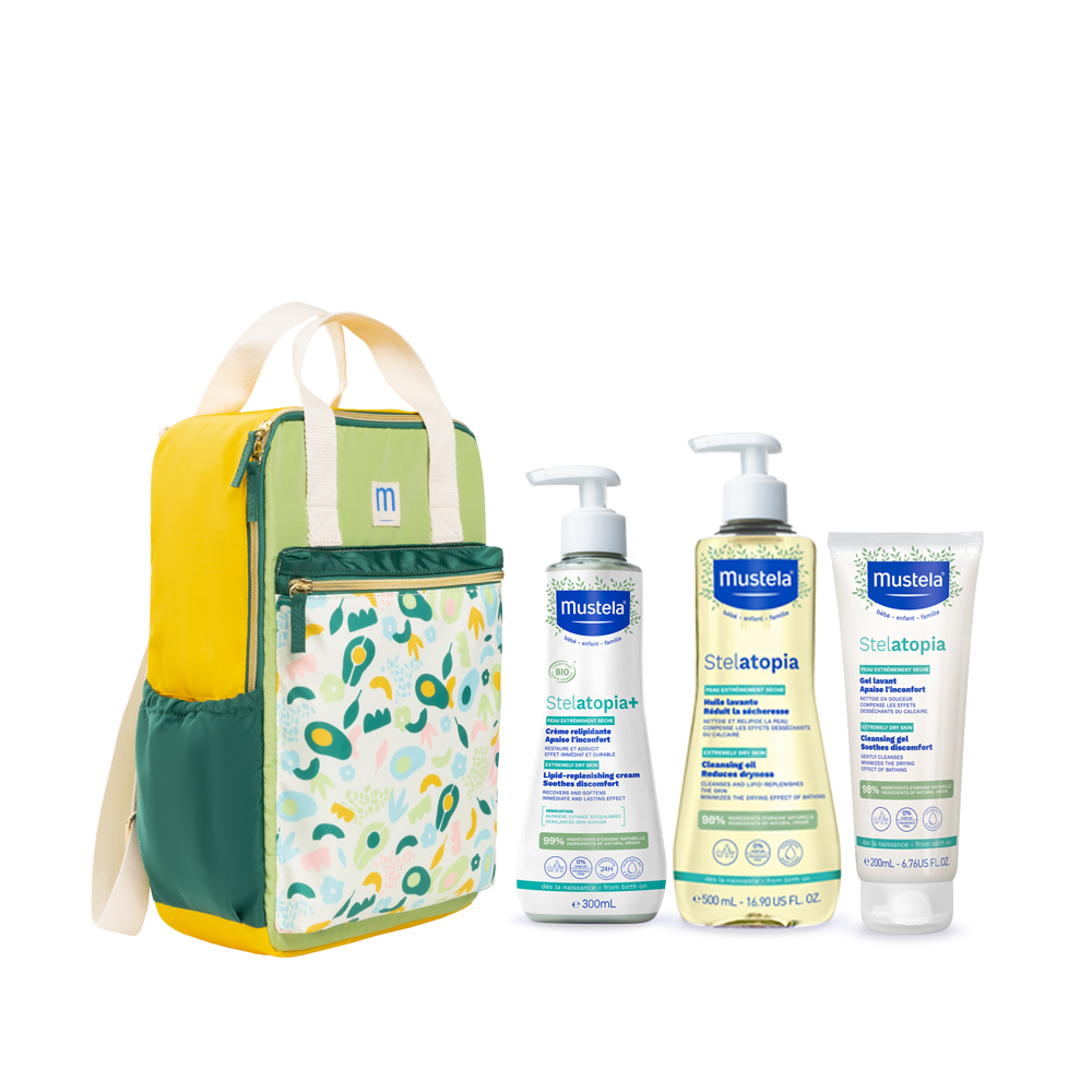 Pachet Crema piele atopica 300ml, Gel de curatare 200ml, Ulei de curatare 500ml + Rucsac Stelatopia, Mustela