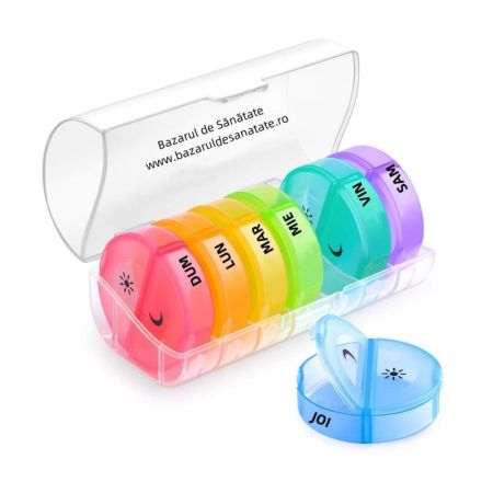 Organizator medicamente saptamanal, pentru calatorie, 2 casete colorate, Bazarul de Sanatate