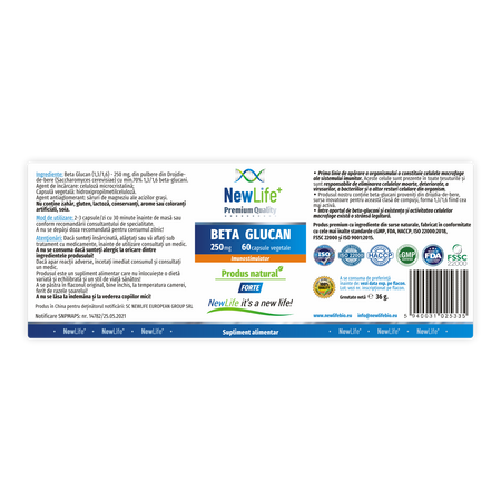 Beta Glucan, 250 mg, 60 capsule vegetale, NewLife+ 700121