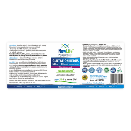 Glutation redus, 500 mg, 60 capsule gastrorezistente, NewLife+ 700358