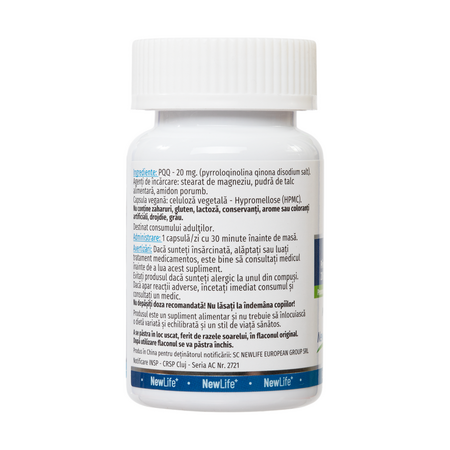 PQQ Pirolochinolina chinona, 20 mg, 30 capsule vegetale, NewLife+ 700372
