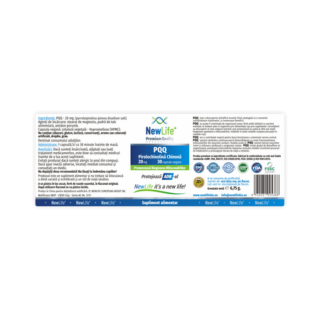 PQQ Pirolochinolina chinona, 20 mg, 30 capsule vegetale, NewLife+ 700374