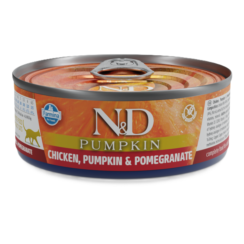 Hrana umeda cu pui, dovleac si rodie pentru pisici N&D Pumpkin, 70 g, Farmina