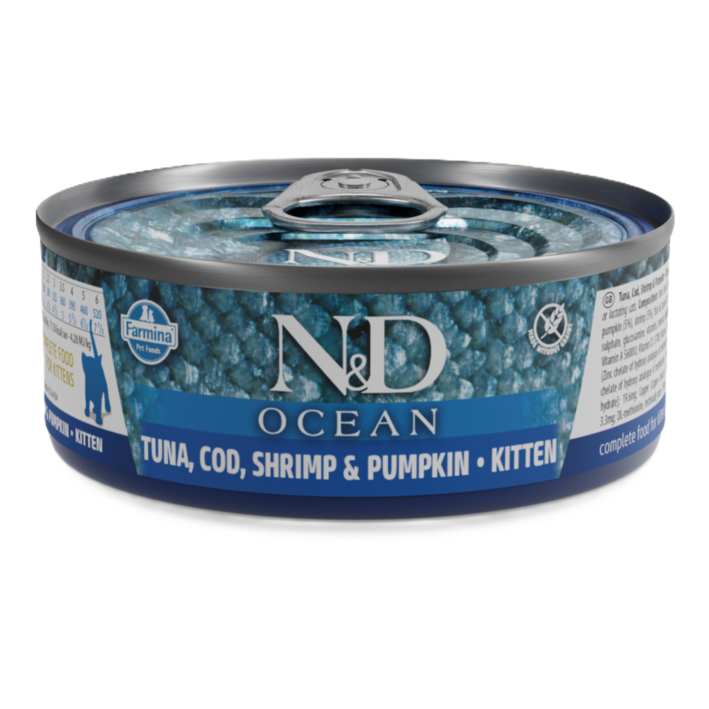 Hrana umeda cu ton, cod, creveti si dovleac pentru pisici N&D Ocean Kitten, 70 g, Farmina