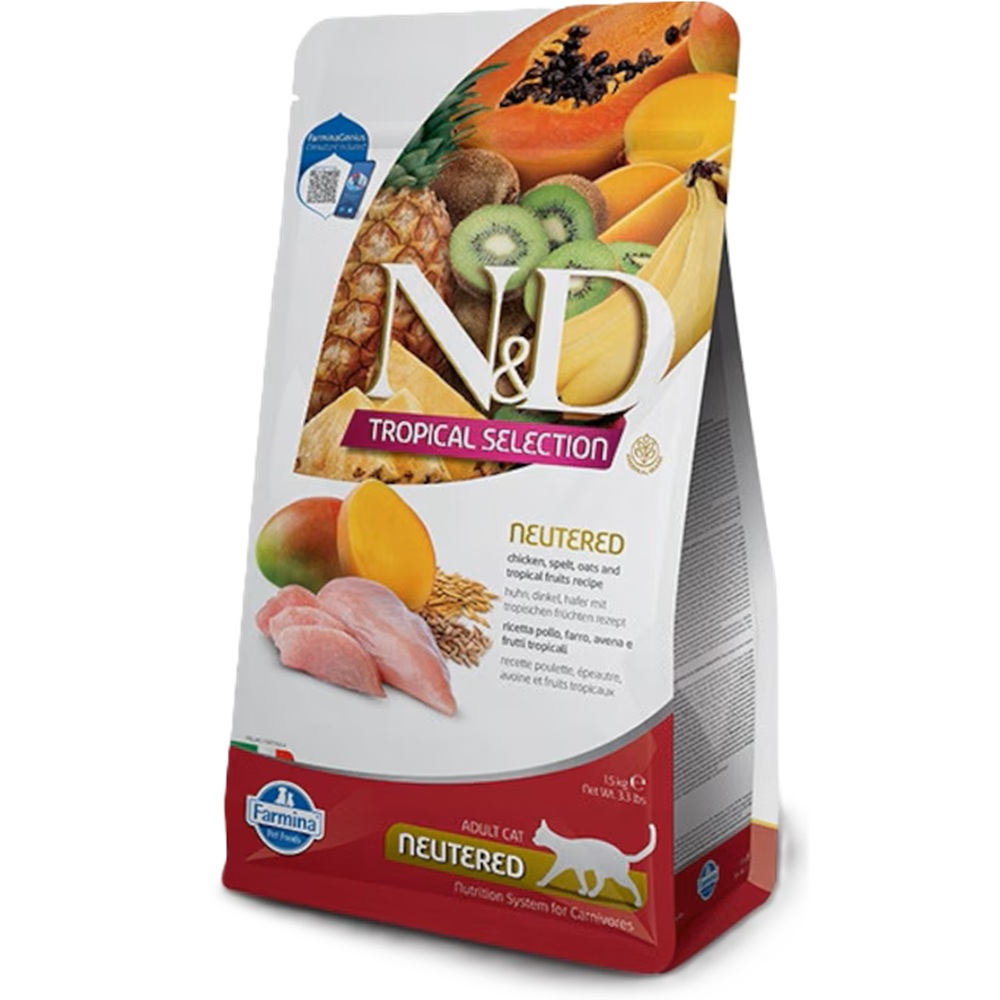 Hrana uscata cu pui si fructe tropicale pentru pisici sterilizate N&D Tropical Selection Neutered, 300 g, Farmina