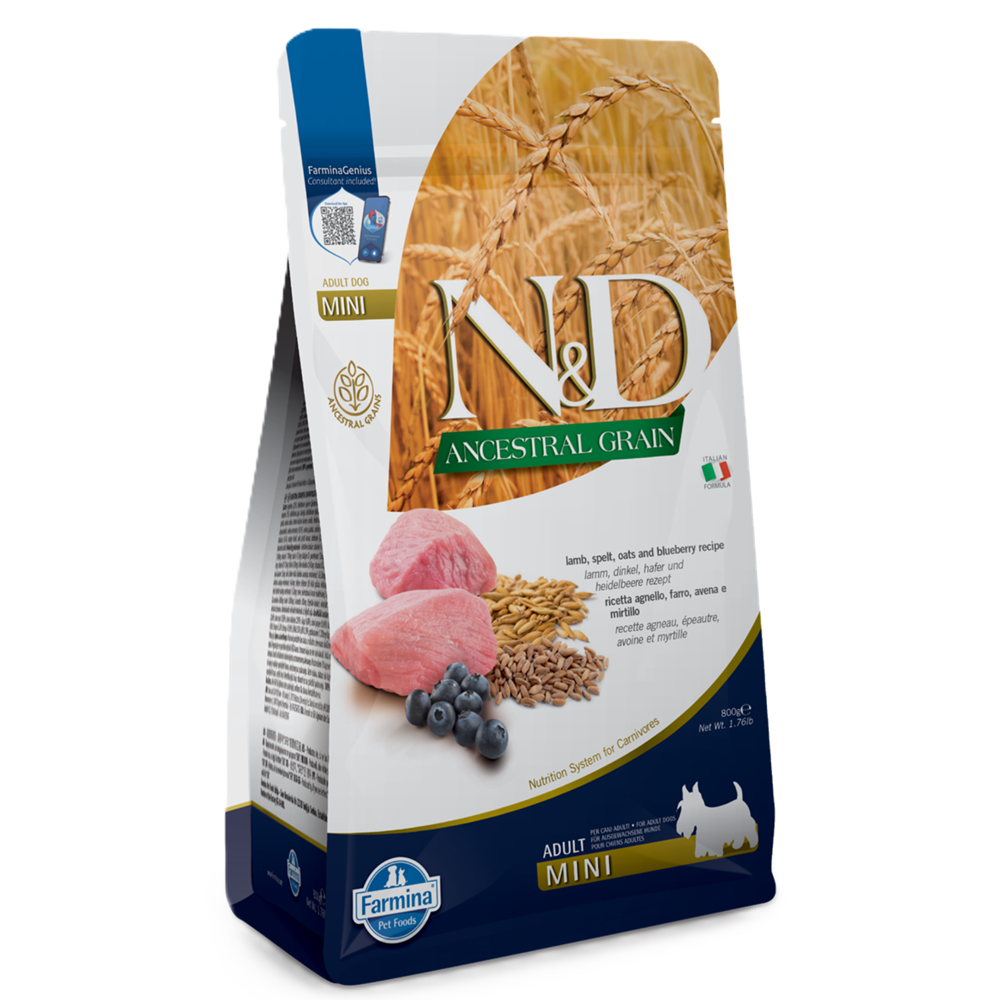Hrana uscata cu miel, ovaz si afine pentru caini N&D Ancestral Grain Adult Mini, 800 g, Farmina