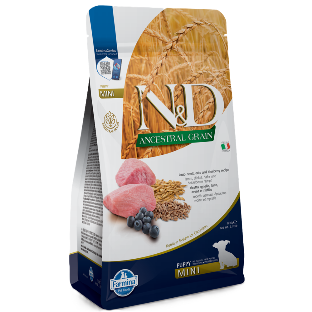 Hrana uscata cu miel, ovaz si afine pentru caini N&D Ancestral Grain Puppy Mini, 800 g, Farmina
