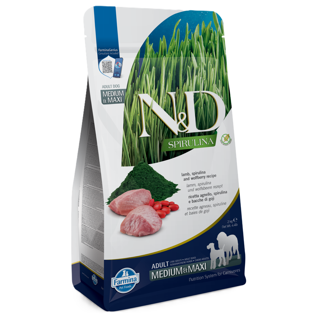 Hrana uscata cu miel si fructe goji pentru caini N&D Spirulina Medium/Maxi Adult, 2000 g, Farmina