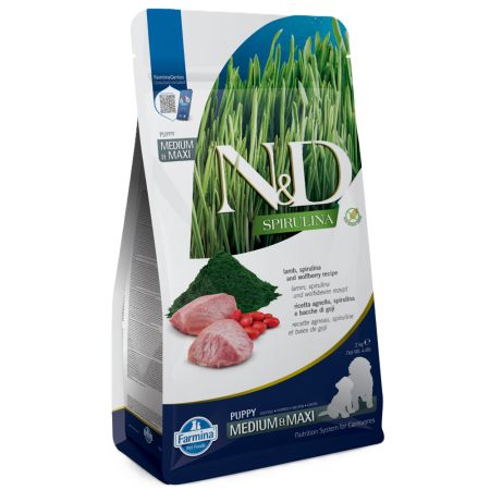 Hrana uscata cu miel si fructe goji pentru caini N&D Spirulina Medium/Maxi Puppy, 2000 g, Farmina
