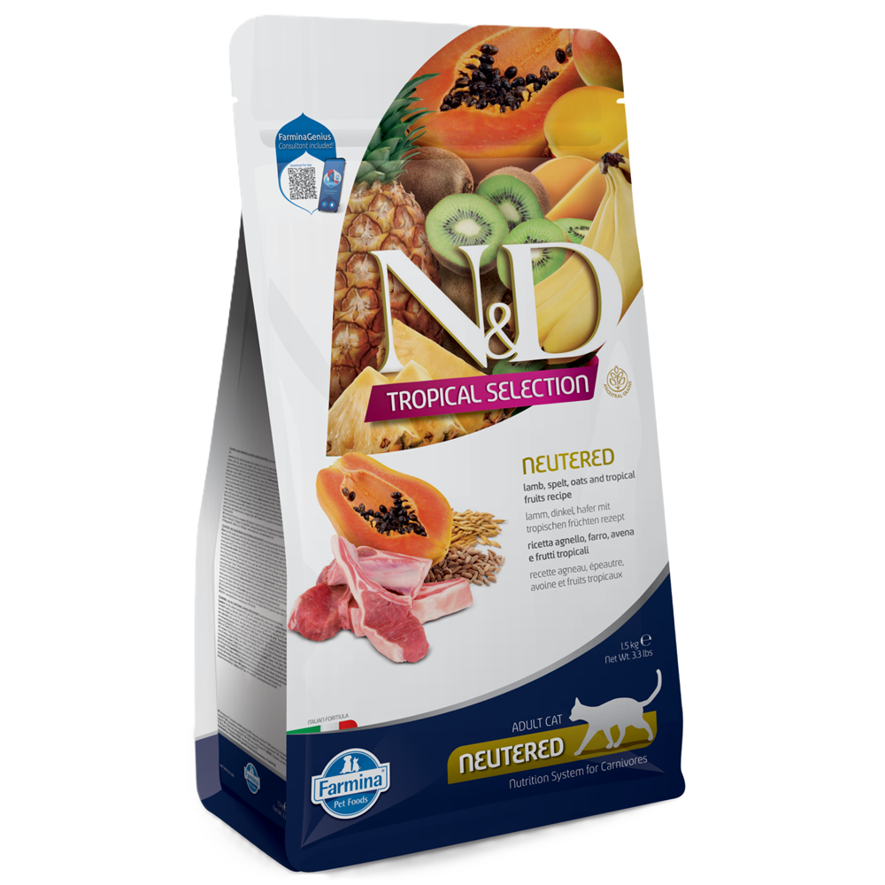 Hrana uscata cu miel si fructe tropicale pentru pisici sterilizate N&D Tropical Selection, 1500 g, Farmina