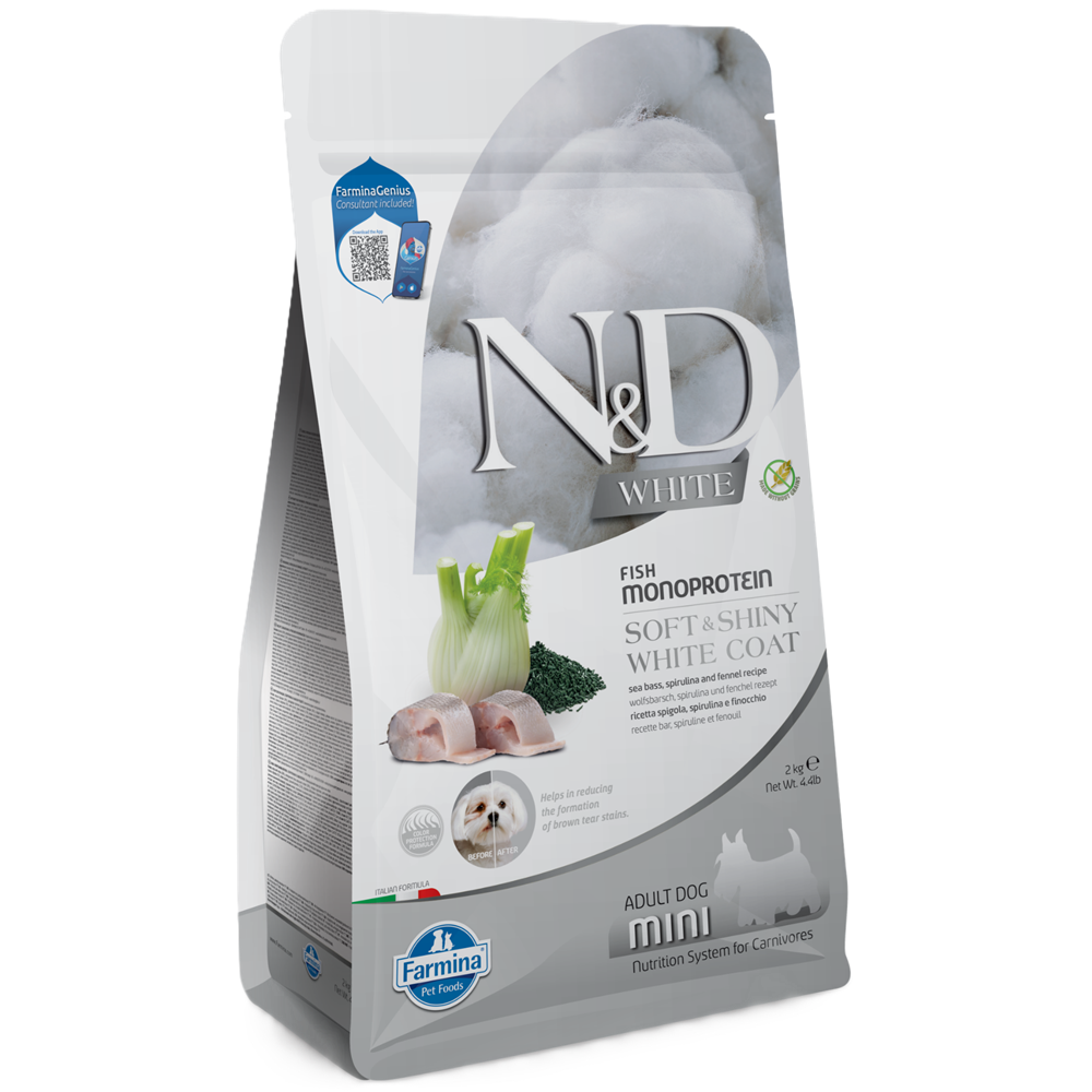 Hrana uscata cu biban, fenicul si spirulina pentru caini N&D White Mini Adult, 2000 g, Farmina