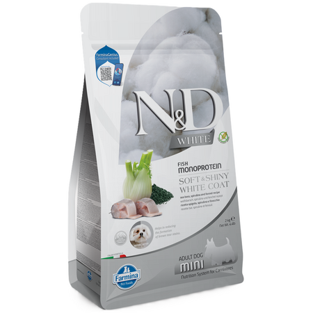 Hrana uscata cu biban, fenicul si spirulina pentru caini N&D White Mini Adult, 2000 g, Farmina