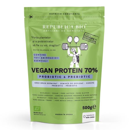 Pudra proteica Bio vegana 70% cu aroma de cookies, 500 g, Republica Bio