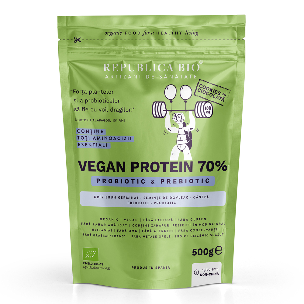 Pudra proteica Bio vegana 70% cu aroma de cookies, 500 g, Republica Bio