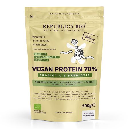Pudra proteica Bio vegana 70% cu aroma de vanilie, 500 g, Republica Bio