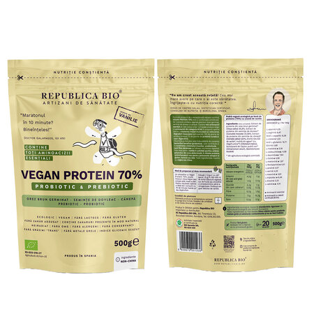 Pudra proteica Bio vegana 70% cu aroma de vanilie, 500 g, Republica Bio 701943