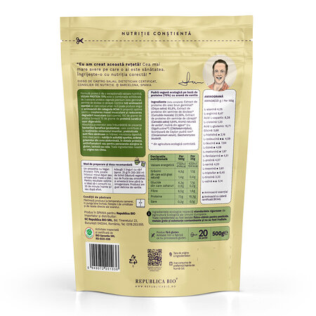 Pudra proteica Bio vegana 70% cu aroma de vanilie, 500 g, Republica Bio 701942