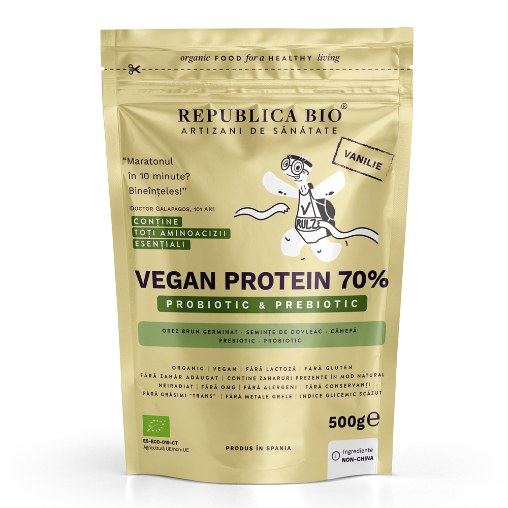 Pudra proteica Bio vegana 70% cu aroma de vanilie, 500 g, Republica Bio