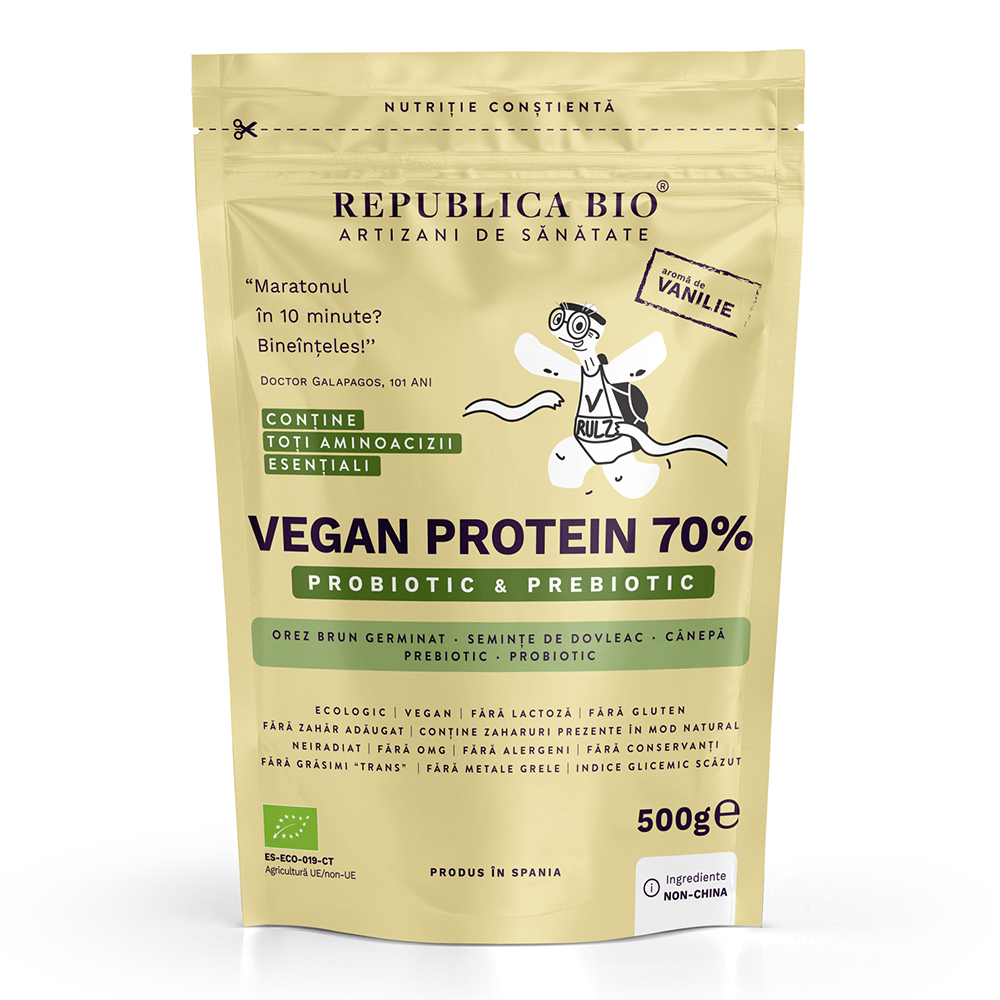 Pudra proteica Bio vegana 70% cu aroma de vanilie, 500 g, Republica Bio