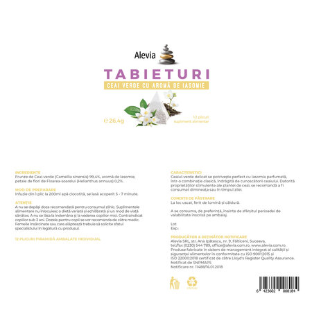 Ceai verde cu aroma de iasomie Tabieturi, 12 plicuri, Alevia 619096