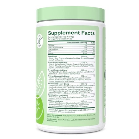 Amestec de super alimente verzi cu aroma de capsuni si kiwi Bloom Greens&Superfoods-Strawberry Kiwi, 150.75 g, Bloom 619632