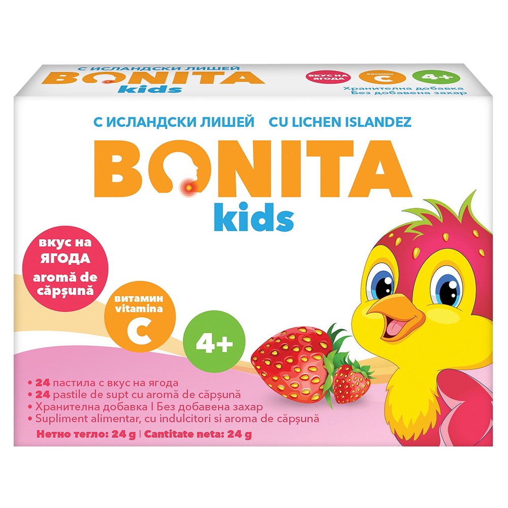 Pastile de supt cu aroma de capsuna pentru copii, 24 bucati, Bonita