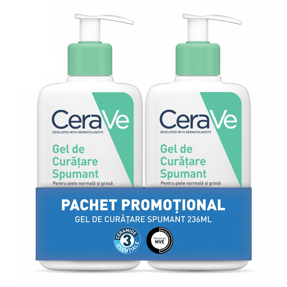 Pachet Gel de curatare spumant pentru piele normal-grasa, 236 ml + 236 ml, CeraVe