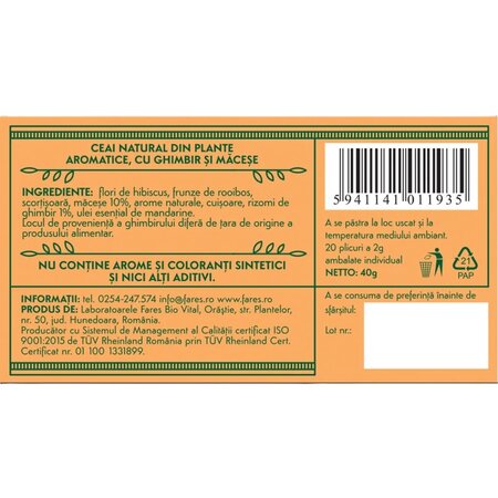 Ceai natural macese si ghimbir Vigoare, 20 plicuri, Fares 702939
