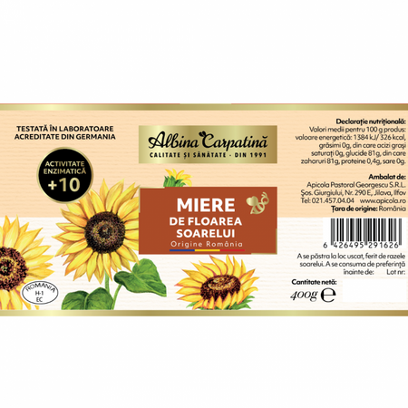 Miere de Floarea Soarelui, 400 g, Albina Carpatina 621651