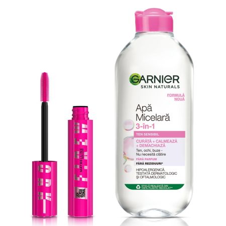 Pachet Apa micelara 3 in 1 pentru ten sensibil Skin Naturals, 400 ml, Garnier + Mascara Lash Sensational Firework, 10 ml, Maybelline, Garnier