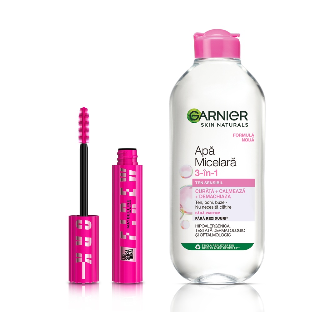 Set Apa micelara pentru ten sensibil Skin Naturals 400 ml + Mascara Maybelline Lash Sensational Firework, Garnier