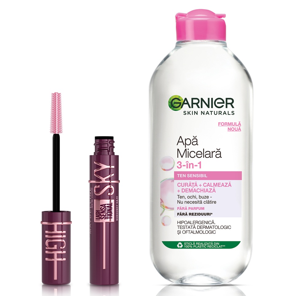 Pachet Apa micelara 3 in 1 pentru ten sensibil Skin Naturals, 400 ml, Garnier + Mascara Nuanta Burgundy Haze Lash Sensational Sky High, 7.2 ml, Maybelline