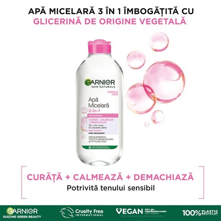 Pachet Apa micelara 3 in 1 pentru ten sensibil Skin Naturals, 400 ml, Garnier + Mascara pentru volum si alungire Nuanta Very Black Lash Sensational Sky High, 9.5 ml, Maybelline 673651