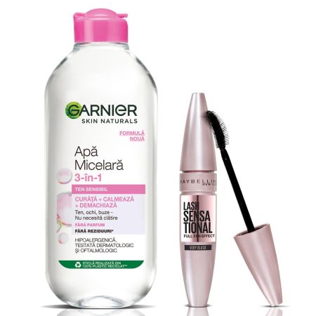 Set Mascara pentru volum si alungire Maybelline Lash Sensational Sky High Black, 7.2 ml + Apa micelara pentru ten sensibil Skin Naturals, 400 ml, Garnier