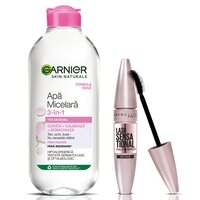 Pachet Apa micelara 3 in 1 pentru ten sensibil Skin Naturals, 400 ml, Garnier + Mascara pentru volum si alungire Nuanta Very Black Lash Sensational Sky High, 9.5 ml, Maybelline