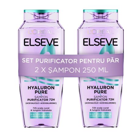 Pachet Sampon pentru scalp si radacini grase si lungimi deshidratate Hyaluron Pure, 250 ml + 250 ml, Elseve
