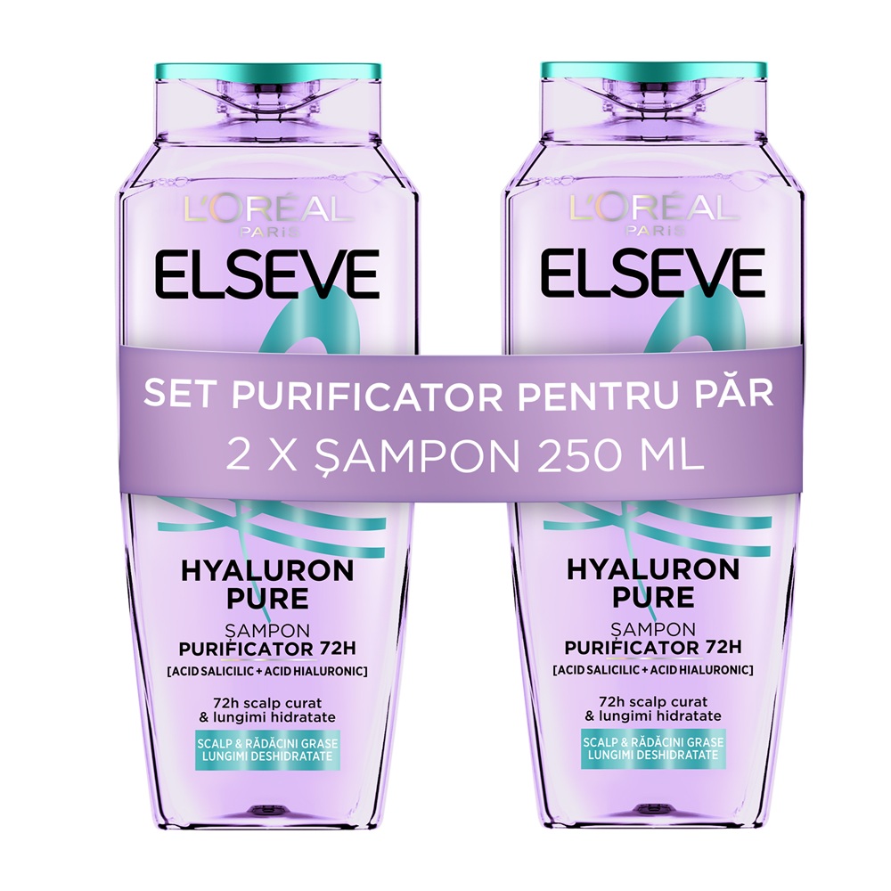 Pachet Sampon pentru scalp si radacini grase si lungimi deshidratate Hyaluron Pure, 250 ml + 250 ml, Elseve