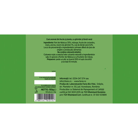 Ceai cu ghimbir si lamai verzi, Aromafruct, 100 plicuri, Fares 624054